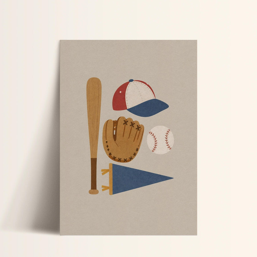 A baseball-themed illustration featuring a baseball bat, a baseball glove, a baseball, and a cap.
