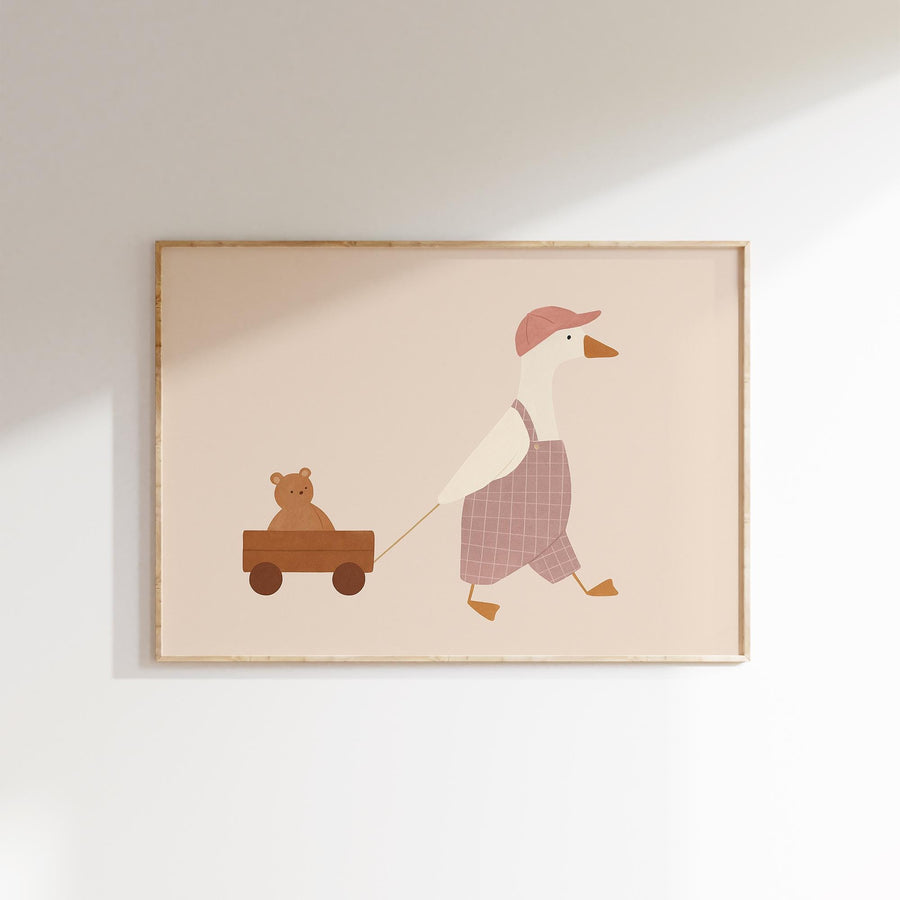 a picture of a duck pulling a wagon with a teddy bear