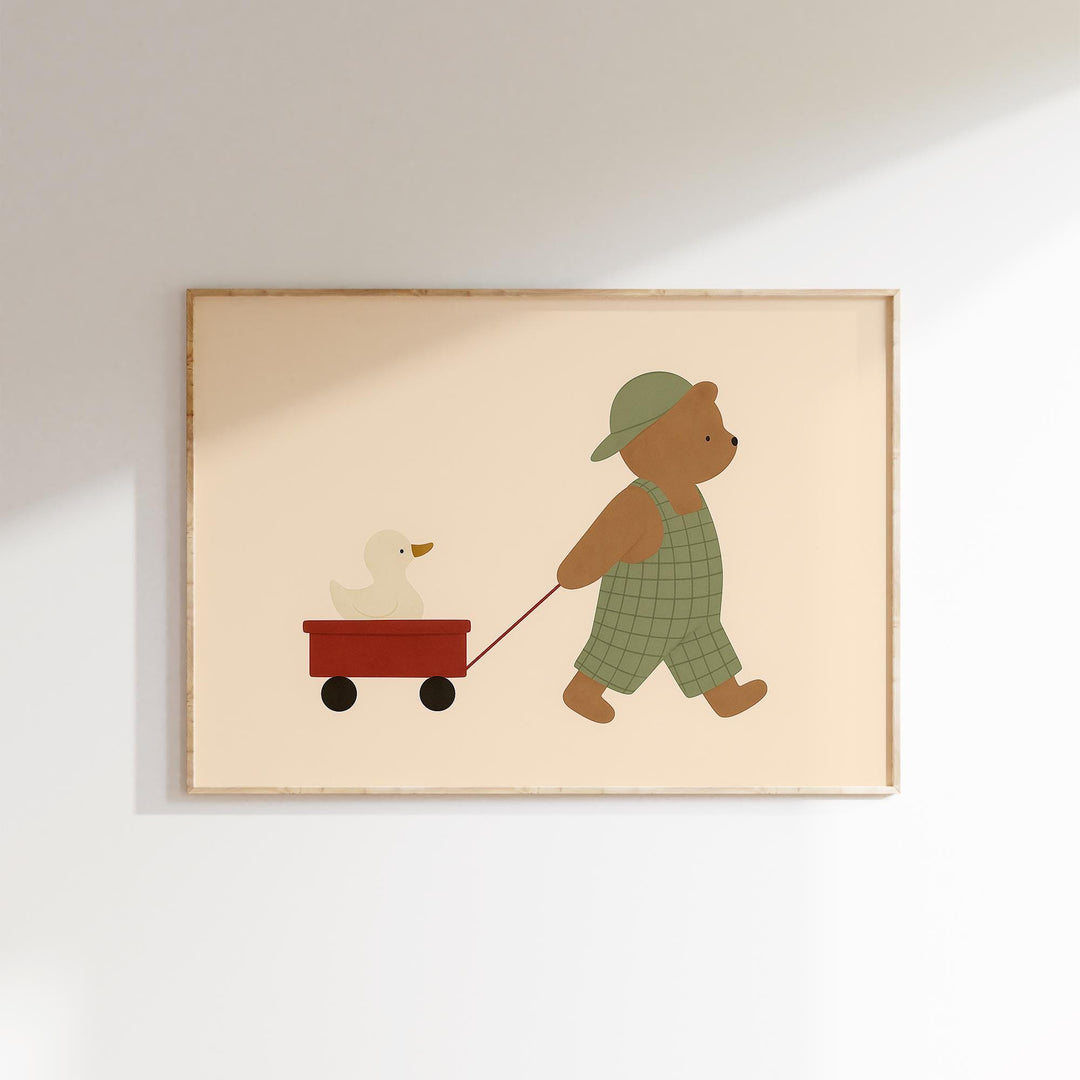 a picture of a teddy bear pulling a wagon with a duck