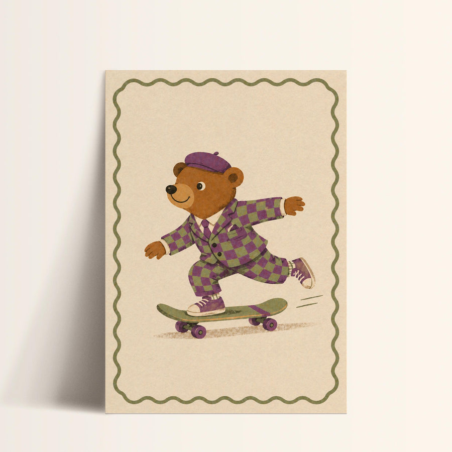 A cartoon bear wearing a purple hat and a purple and green checkered suit is riding a skateboard.