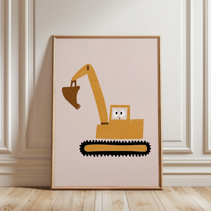a framed picture of a bulldozer on a wall