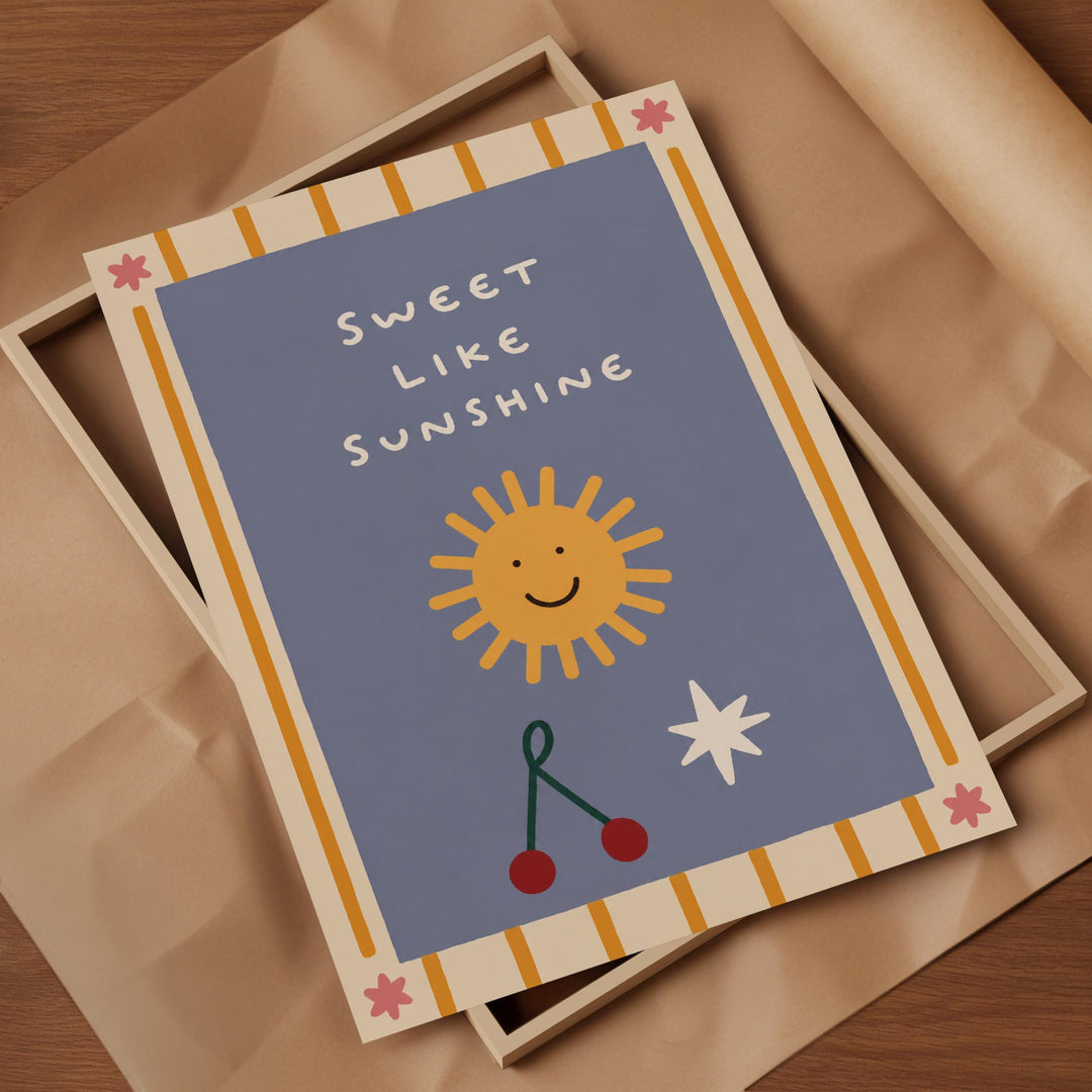 a card with a cheerful design, including a sun, cherries, and a star, along with the text "Sweet like sunshine".