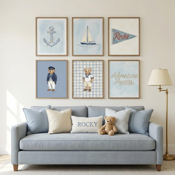 Personalized Nautical Nursery Wall Art Set | 6 Custom Name Coastal Prints