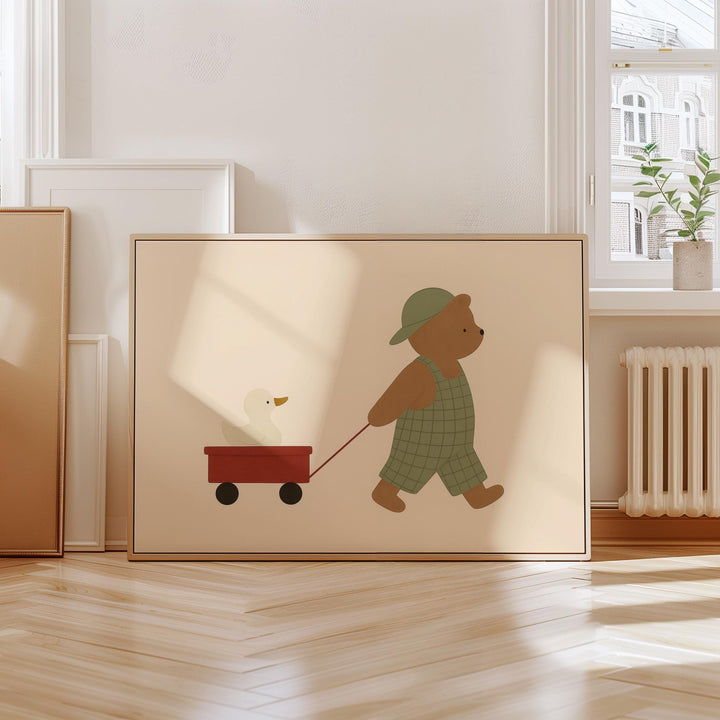 a picture of a teddy bear pulling a wagon