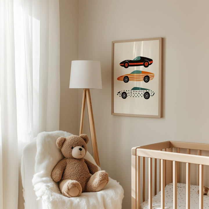 a teddy bear sitting in a chair next to a crib