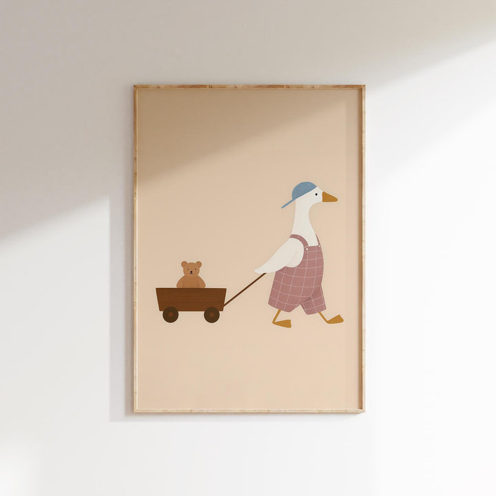 a picture of a duck pulling a wagon with a teddy bear