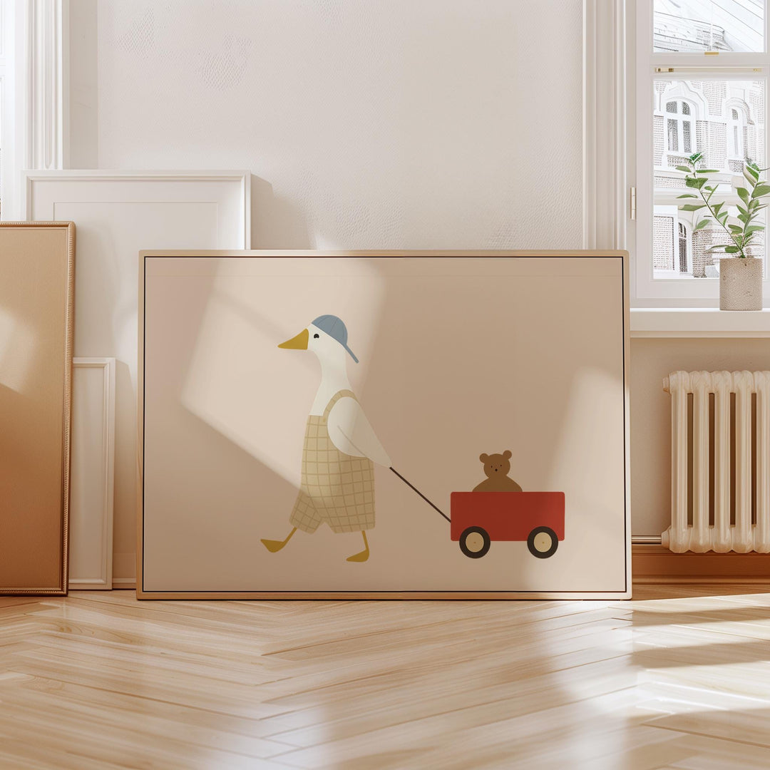 a picture of a duck pulling a cart with a teddy bear on it