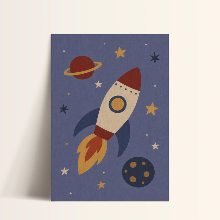 A space-themed illustration featuring a rocket ship, planets, and stars against a dark blue background.