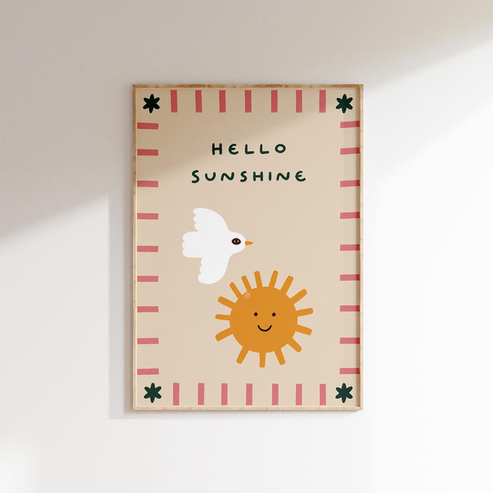 The image is a framed poster with a cheerful design featuring a bird and a sun.