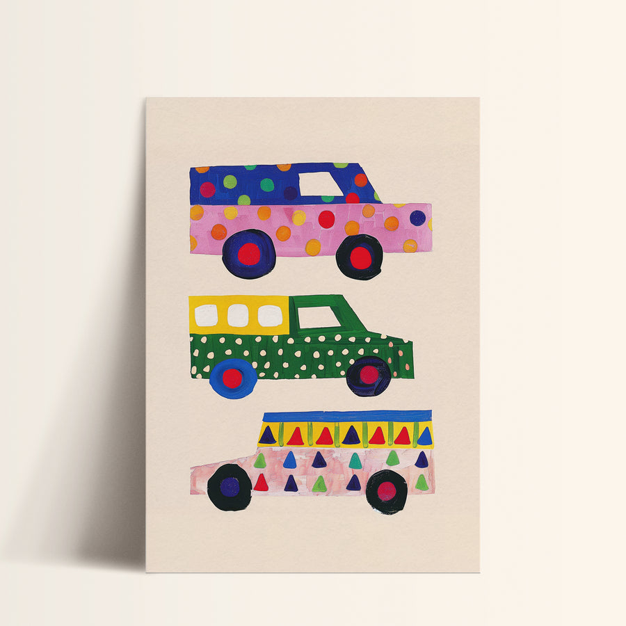 a card with a colorful bus and car on it