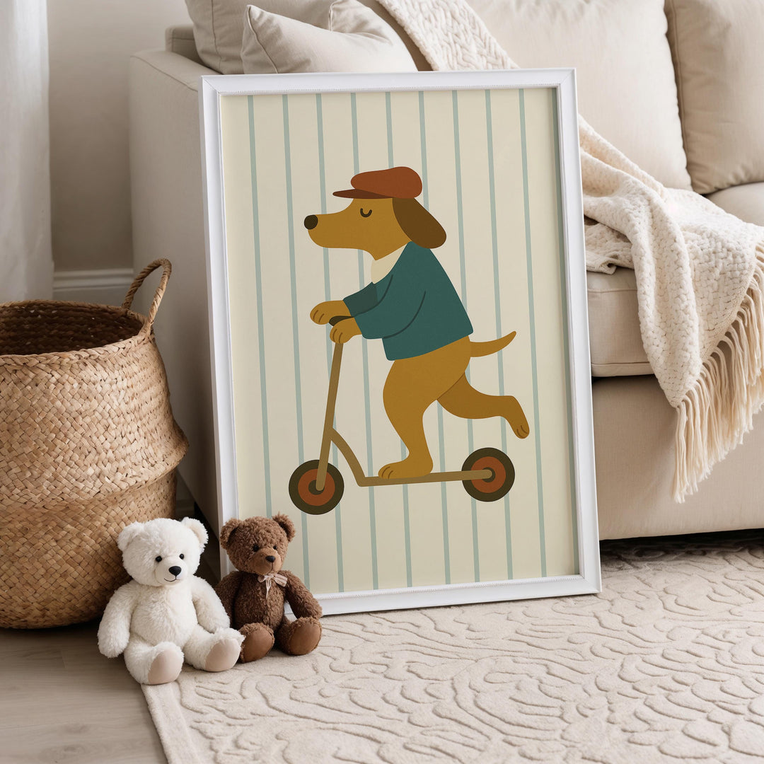 a picture of a dog riding a scooter