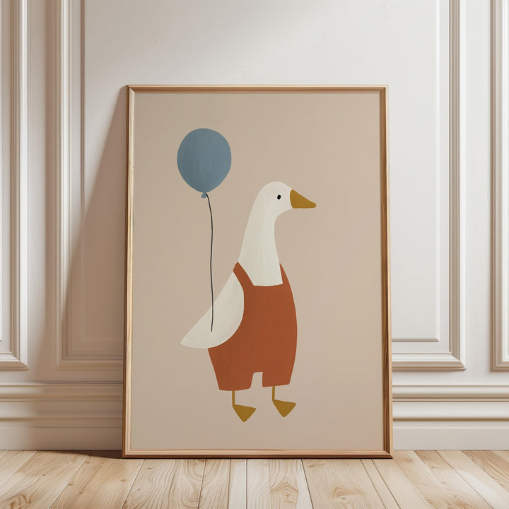 a picture of a duck holding a blue balloon