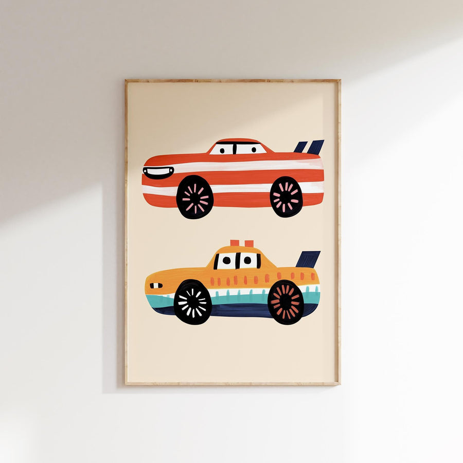 a picture of two cars hanging on a wall