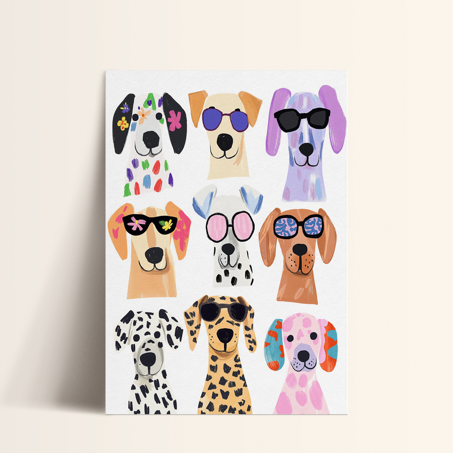 A collage of nine stylized dog faces wearing sunglasses, arranged in a 3x3 grid.