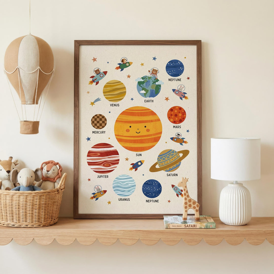 a wall-mounted poster depicting the planets in our solar system, including Earth, Mars, Venus, Jupiter, Saturn, Uranus, and Neptune, along with their respective names. The poster is surrounded by various illustrations of planets, including a smiling orange planet, a blue planet, and a white planet. The poster is placed on a shelf, and there is a basket of stuffed animals and a lamp nearby.