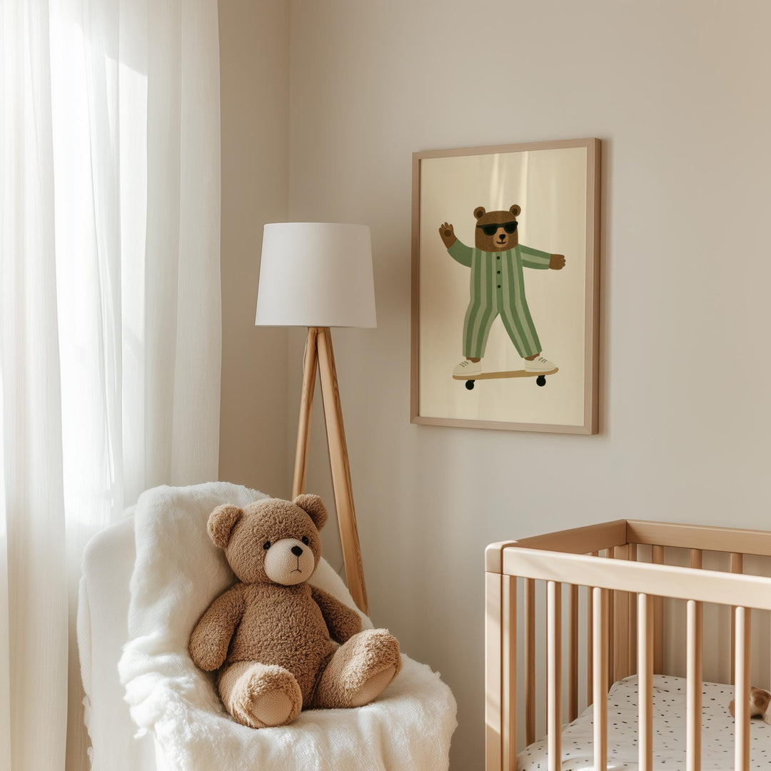 a teddy bear sitting in a chair next to a crib