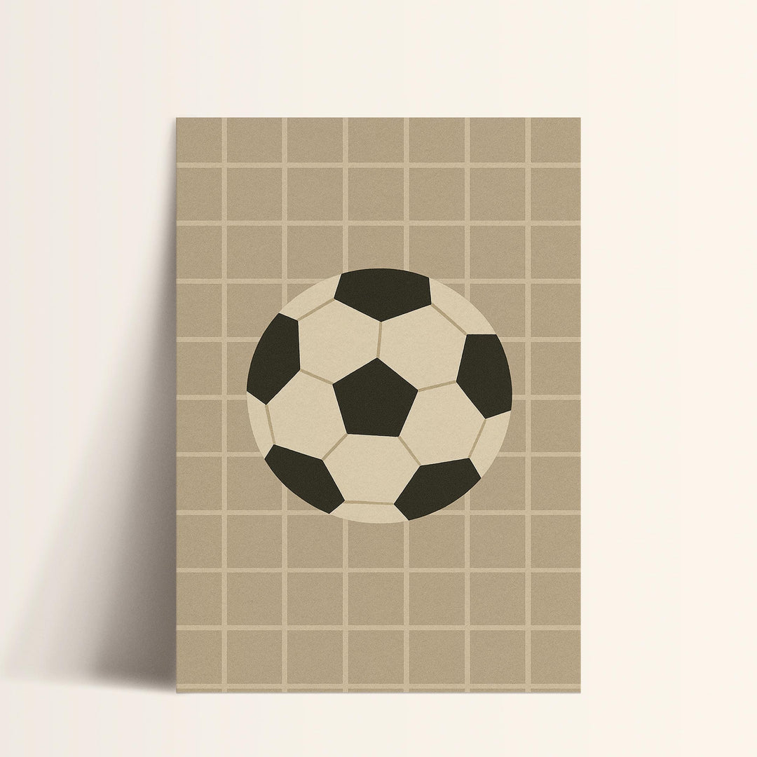 a black and white soccer ball on a tan background