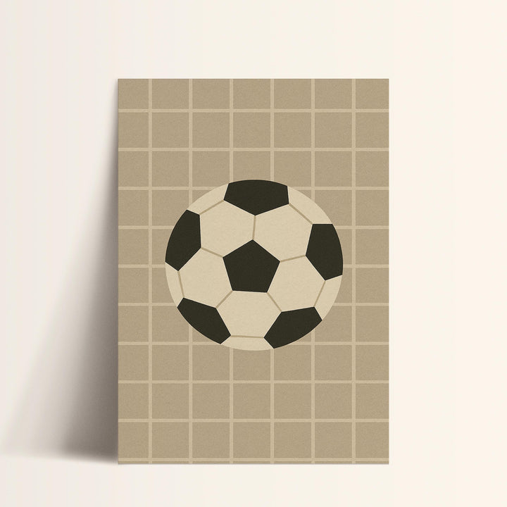 a black and white soccer ball on a tan background