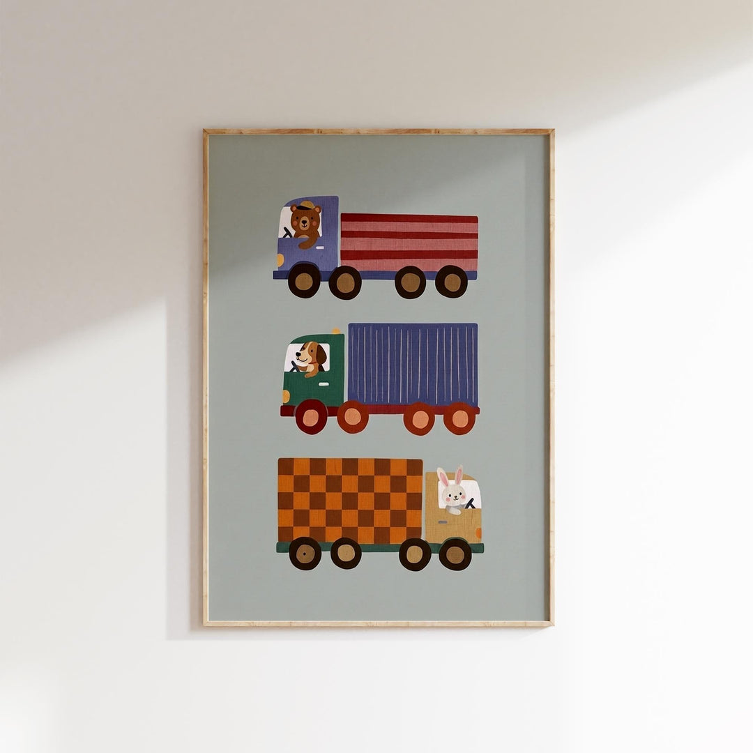 The image is a framed illustration of three colorful toy trucks, each with a different design and color scheme.