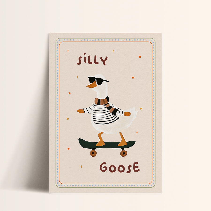 a card with a duck riding a skateboard
