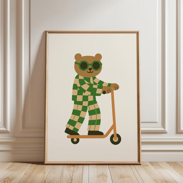a picture of a teddy bear on a scooter