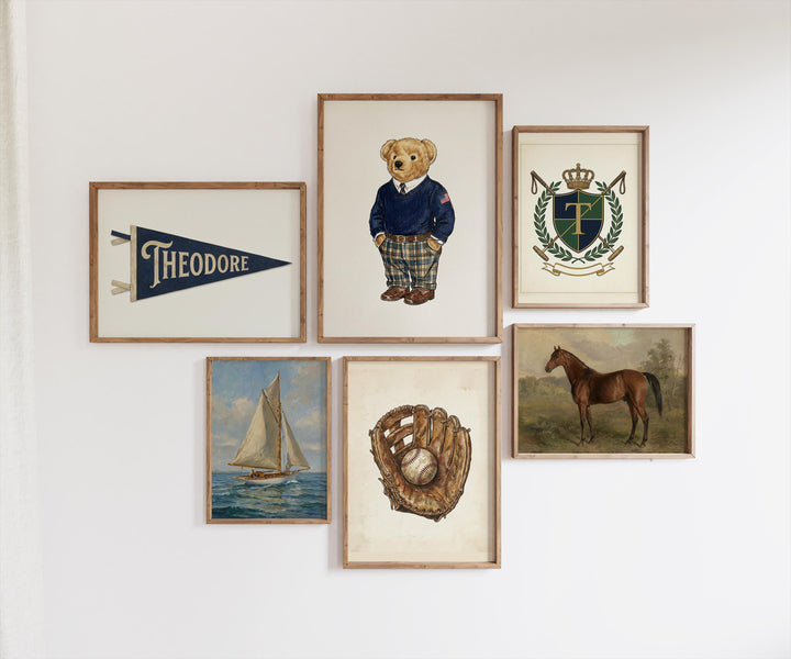 Ralph Bear Nursery Wall Art Set of 6, Custom Preppy Gallery Wall, Personalized Pennant Name Print, Classic Boys Room Decor