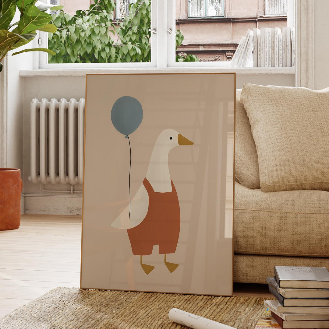 a picture of a duck holding a blue balloon