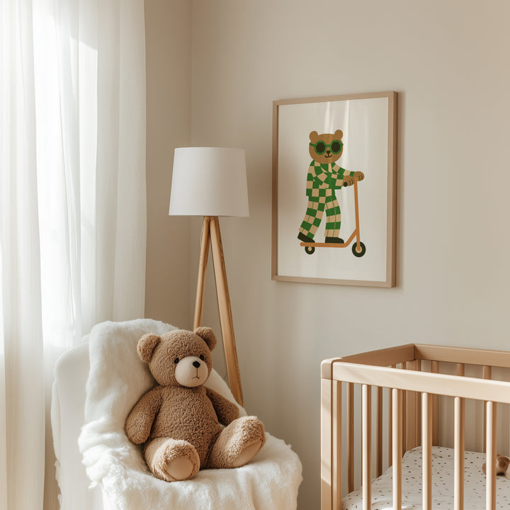 a teddy bear sitting in a chair next to a crib