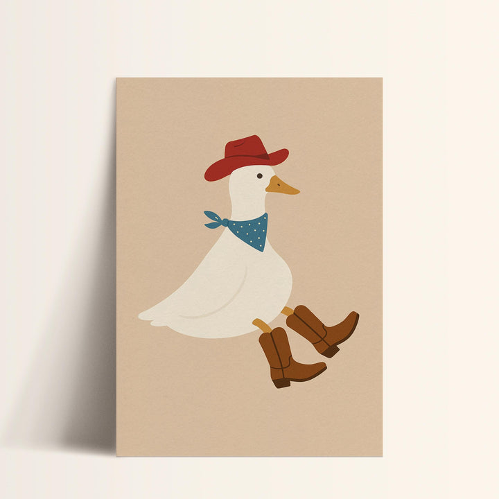 a card with a duck wearing a hat and boots
