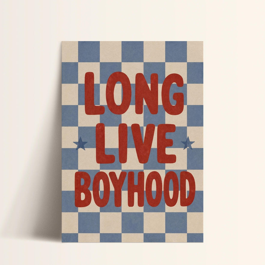 a poster with the text "LONG LIVE BOYHOOD" in bold red letters against a blue and white checkered background.