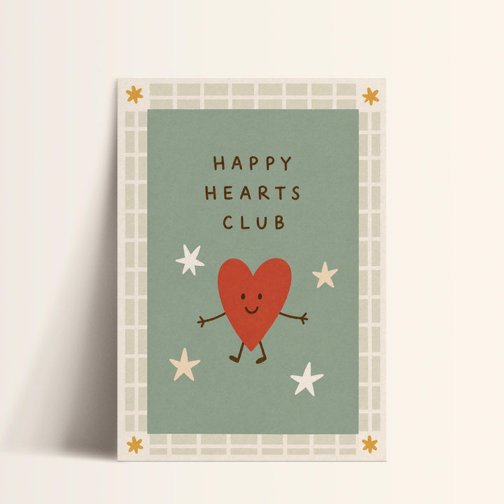 The image is a greeting card with a heart-shaped character and stars, surrounded by a border. The text on the card reads "Happy Hearts Club".