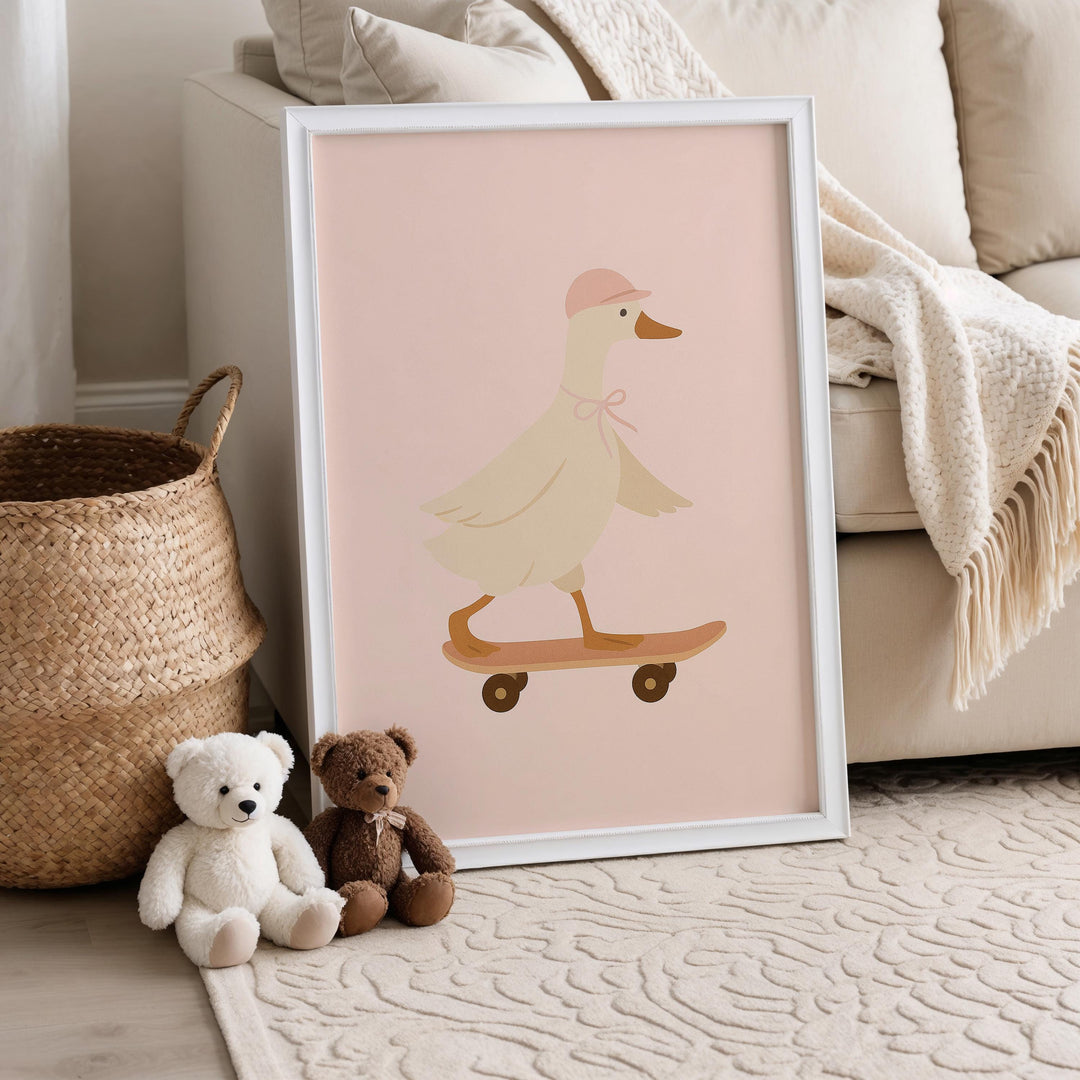 a picture of a duck on a skateboard next to a teddy bear