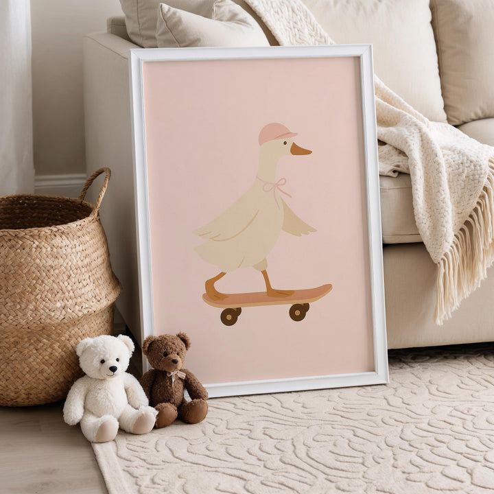 a picture of a duck on a skateboard next to a teddy bear
