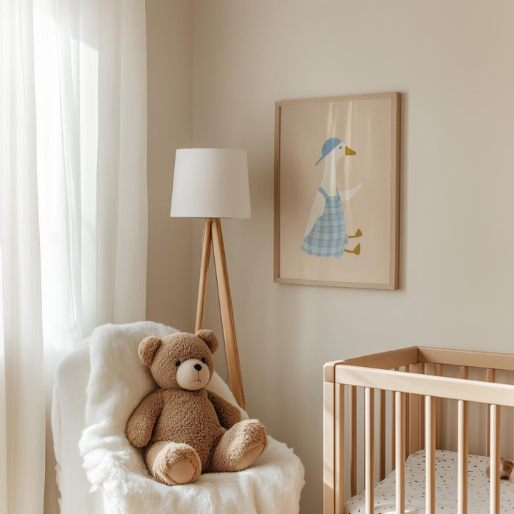 a teddy bear sitting in a chair next to a crib
