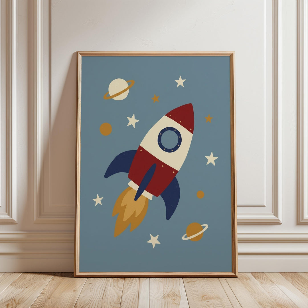 A framed poster depicting a red, white, and blue rocket ship soaring through a space scene, with planets, stars, and a planet visible in the background.