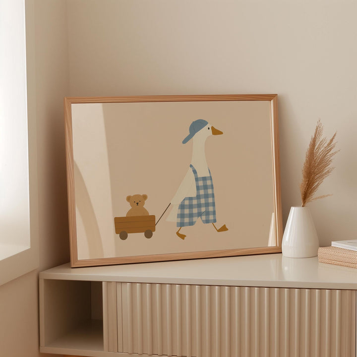 a picture of a duck and a bear on a shelf