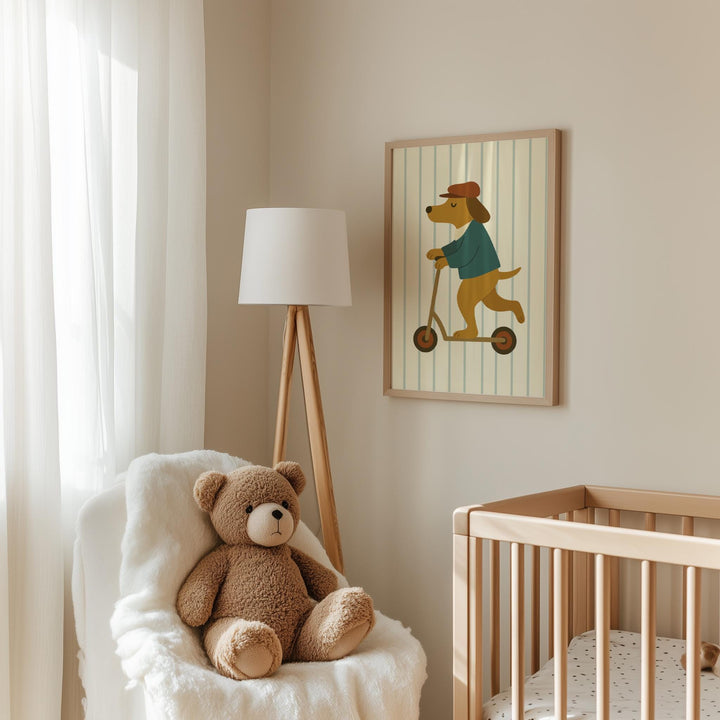 a teddy bear sitting in a chair next to a crib