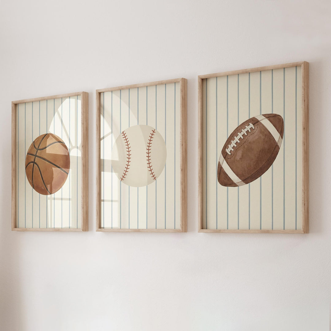 Vintage Sports Nursery Print Set of 3 | Baseball, Basketball & Football Boys Room Art