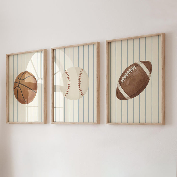 Vintage Sports Nursery Print Set of 3 | Baseball, Basketball & Football Boys Room Art