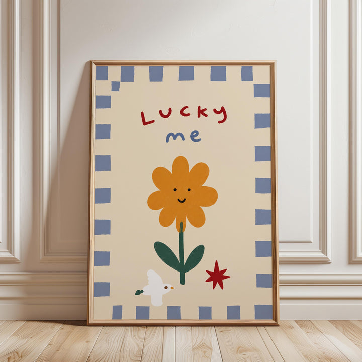a framed poster with a cheerful flower design and the text "Lucky me" written on it.