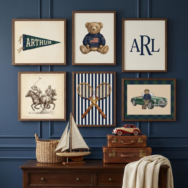 Personalized Preppy Nursery Art, Ralph Teddy Bear, Vintage Sports Kids Room