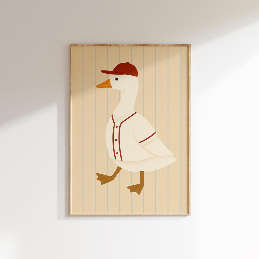 a picture of a duck wearing a baseball uniform