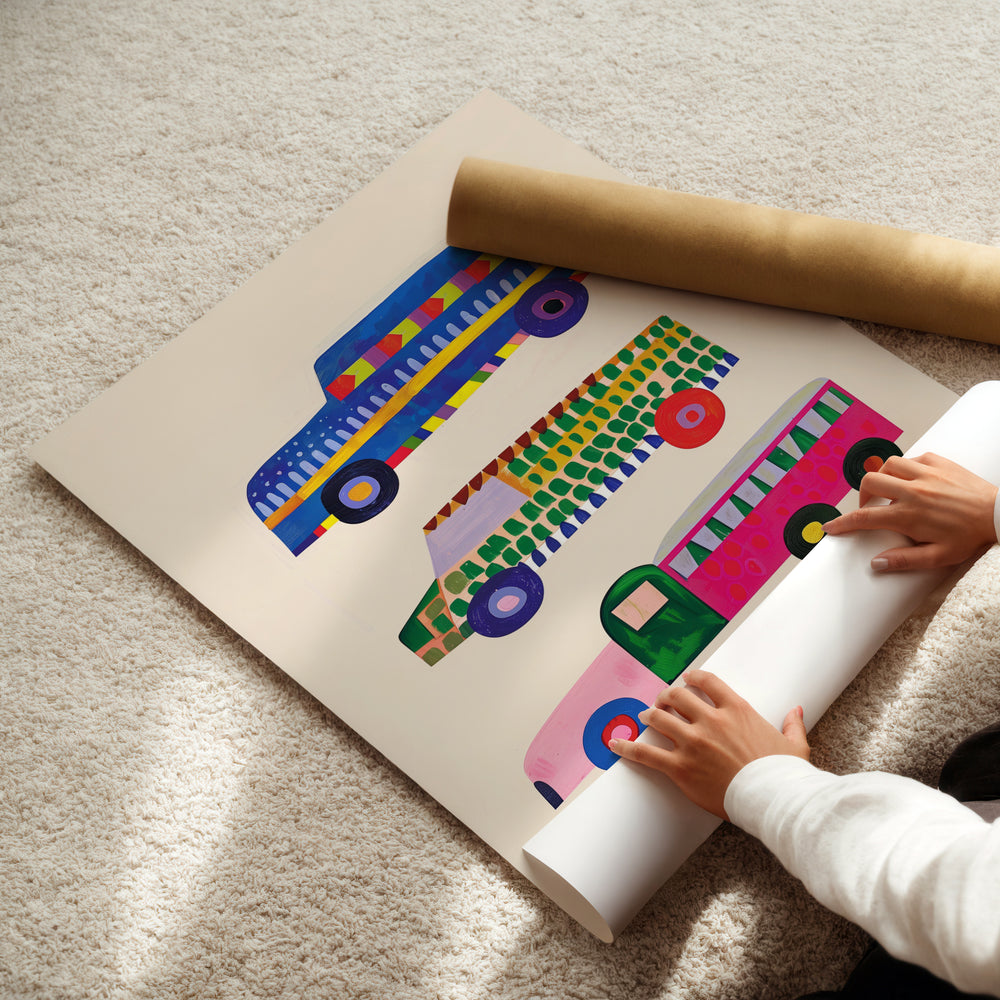 a young child is playing with a paper cut out of a bus