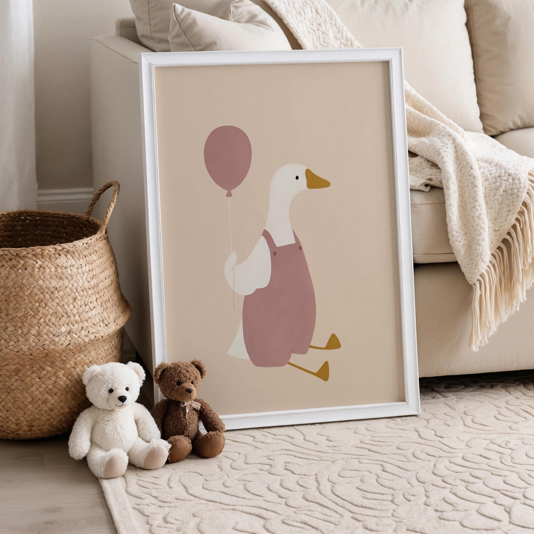 a picture of a duck with a balloon and a teddy bear