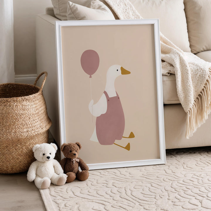 a picture of a duck with a balloon and a teddy bear