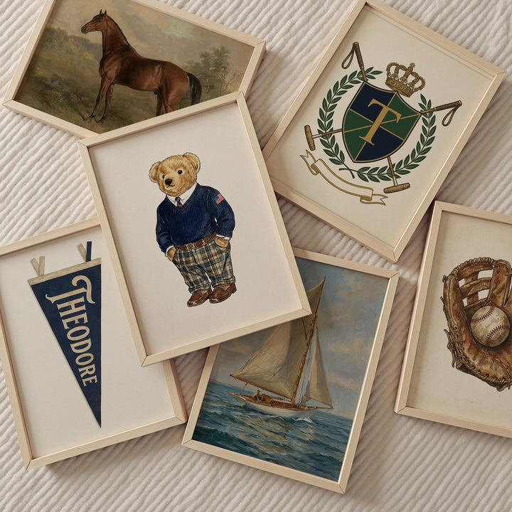 Ralph Bear Nursery Wall Art Set of 6, Custom Preppy Gallery Wall, Personalized Pennant Name Print, Classic Boys Room Decor