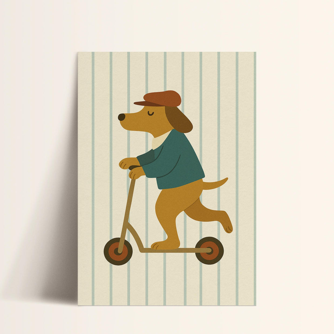 a dog riding a scooter with a hat on