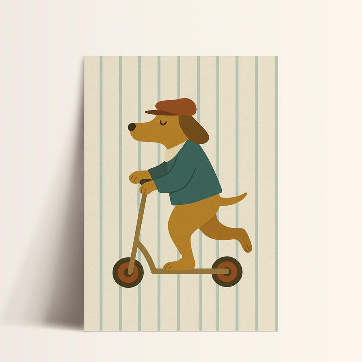 a dog riding a scooter with a hat on