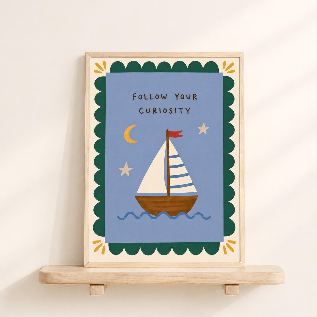 a framed illustration of a sailboat on a blue background, with a motivational message encouraging curiosity.