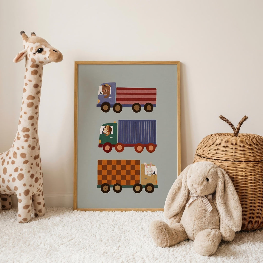 a giraffe, a stuffed rabbit, and a wicker basket, all placed on a white carpet.